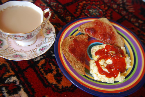 Scrambled eggs, toast, tea