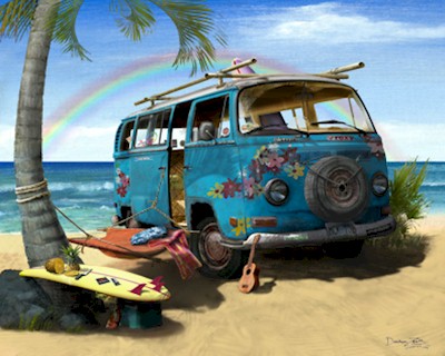 VW hippie bus Hawaiian beach artwork print