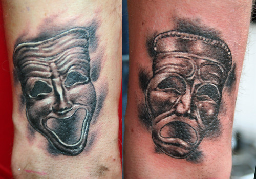  tragedy and comedy theatre masks tattoo by Mirek vel Stotker 