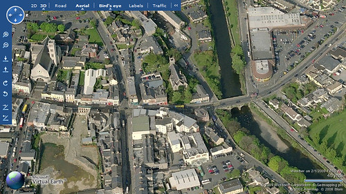 Holy Redeemer Church (near top left), Main Street (horizontally, in the middle), Dargle Bridge, Castle Street, Superquinn (top right)