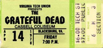 Grateful Dead ticket for Cassell Coliseum 4/14/78 Virginia Tech from www.psilo.com