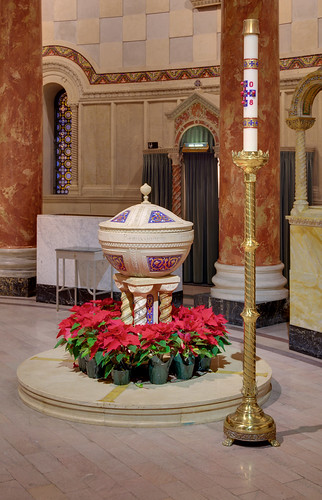 Cathedral Basilica of Saint Louis, in Saint Louis, Missouri, USA - baptismal font decorated for Christmas