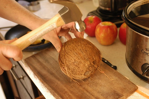 pounding open the coconut