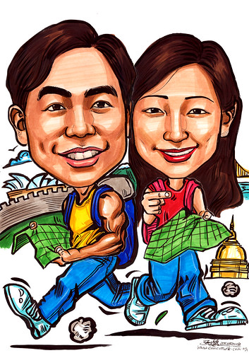 Caricatures couple travel