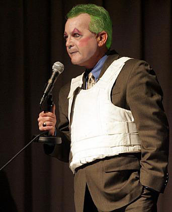 Gilly the Clown was laughed at when he wore a<br />bullet proof vest to a Long Beach college debate. (Photo at ALIPAC)