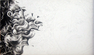 In progress photo of carbon pencil drawing entitled Sammie.