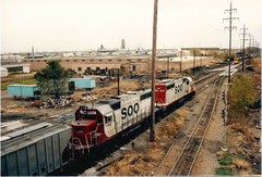 Southbound Soo Line transfer train traveling over the Belt Railway of Chicago. Cicero Illinois. November 1987.
