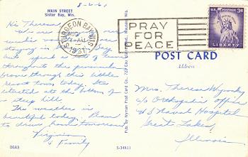 Sister Bay, Door County, Wisconsin (old postcard, rear, 1961)
