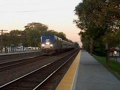 Westbound Amtrak Illinois Zephyr passing through the Hollywood depot. Brookfield Illinois. October 2006.