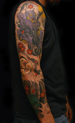 Oni fiddle masks blossoms sleeve by Filip Leu tattoo by Filip Leu