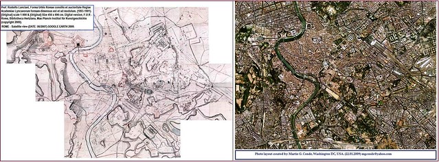 ROME - CENTRAL ARCHAEOLOGICAL AREA Prof Rodolfo Lanciani [Map] Romae - FUR (1893-1901) amp Rome (GOOGLE EARTH 2007) Comparative side-by-side view by Martin G Conde