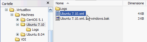 Fig 1 - VirtualBox snapshot - contenuto sottocartella Ubuntu 7.10 nella cartella Machines