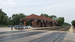 The Riverside Illinois Metra commuter rail station with decorative American 4th of July bunting. Riverside Illinois. Early July 2008.