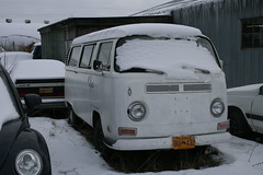 White Bay Window VW Bus with snow on the roof in Wasilla, Alaska - Passenger Side Front View