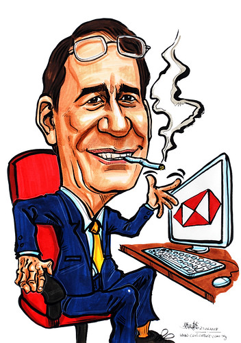 Caricature HSBC smoker looking at monitor