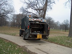Chicago Park District crews on a trash collection run. Lincoln Park. Chicago Illinois. November 2006.