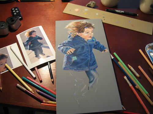Photograph of Jump! in progress on my desk in my studio amongst the clutter to give an idea of its size.