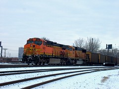 Southbound BNSF Railway unit coal train waiting for clearance north of Brighton Junction. Chicago Illinois. January 2007.