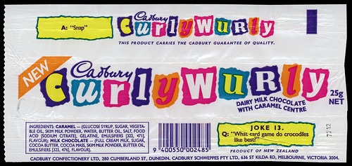 New Zealand - Cadbury - Curly Wurly -CurlyWurly - NEW - chocolate candy bar wrapper - early 1990's by JasonLiebig