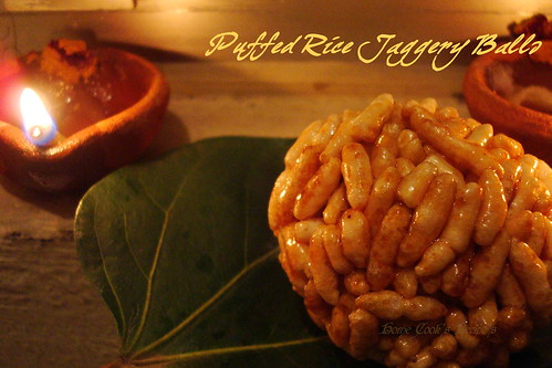 Puffed Rice Jaggery Balls front of Deepam