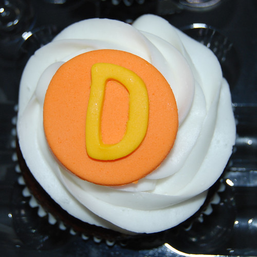 red, orange and yellow Happy Birthday cupcakes D monogram