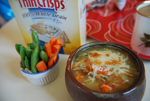 Vegetable soup and raw veg with hummus and crackers