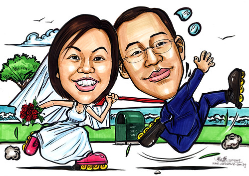 Wedding couple caricatures roller blading A4