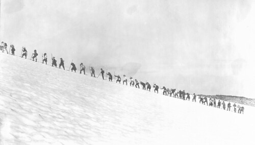Mazamas hiking through the snow on Mt. Rainier