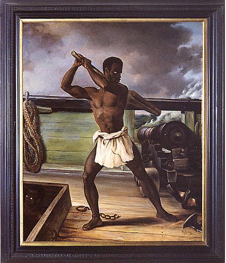 Rébellion d'un esclave sur un bateau négrier. Peinture réalisée par
 Edouard Antoine Renard en 1833