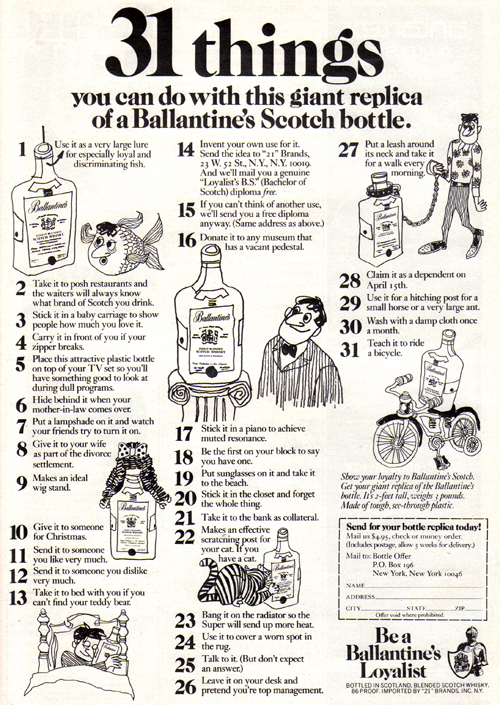 Vintage Ad #789: 31 Things You Can Do With a Giant Replica Bottle of Booze