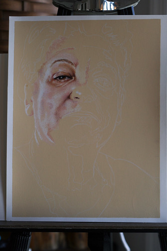 Photo of in-progress colored pencil portrait of my mother-in-law, Serra.