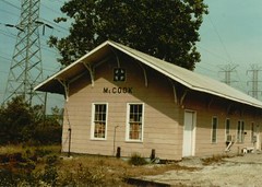 The old Atchinson, Topeka & Santa Fe Mc Cook depot. (Gone.) Mc Cook Illinois. Early October 1983.