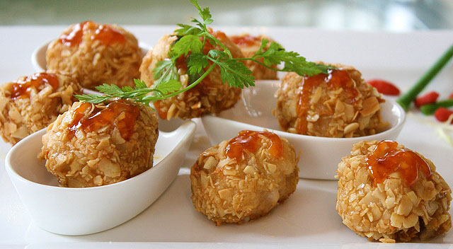 Deep Fried Goose Liver & Prawn Ball with Almond Flakes