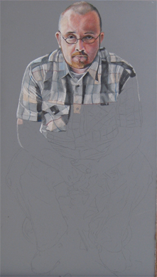In progress photo of colored pencil drawing entitled Self Portrait V