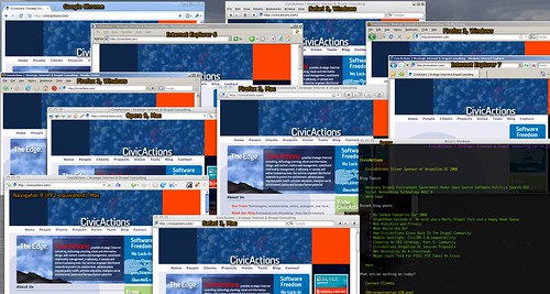 Browser fest. 11 different browser/versions open simultaneously (cropped)