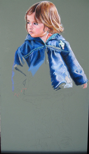 In progress photo of colored pencil drawing entitled Walking...