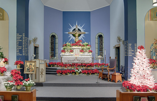 Saint John the Baptist Roman Catholic Church, in Villa Ridge (Gildehaus), Missouri, USA - sanctuary decorated for Christmas