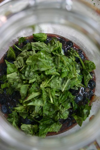 preparing the conconction for blueberry basil vinegar infusion