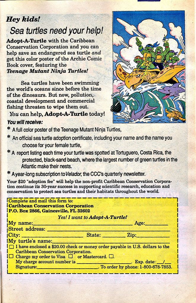 "Teenage Mutant Ninja Turtles Adventures" #17..// "Caribbean Conservation"  Adopt - A - Turtle support form (( 1991 ))