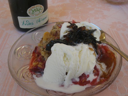 plum crumble with ice cream and hibisucus flower preserve