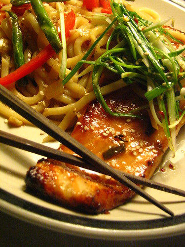 Miso Salmon with Soba Noodles topped with Pa Muchim (Scallion Salad)