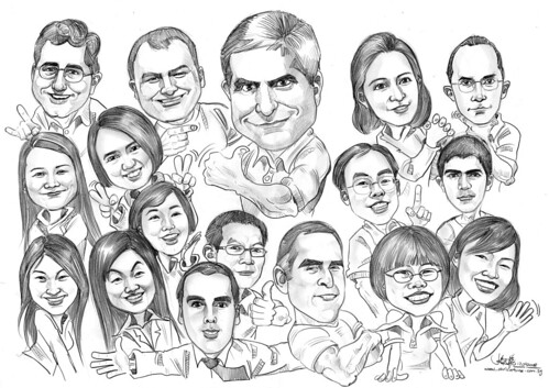 Group caricatures in pencil for JP Morgan