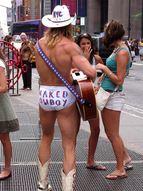 naked cowboy in Times Square, Manhattan, NYC