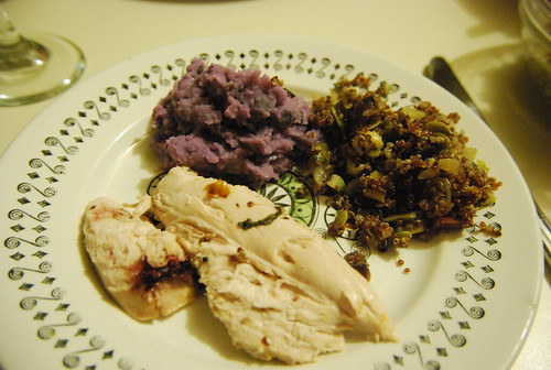 Free-run chicken, purple mashed potatoes and red quinoa stuffing