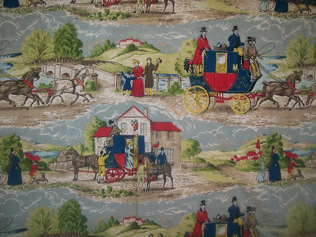 Vintage Barkcloth Carriage Novelty  Print