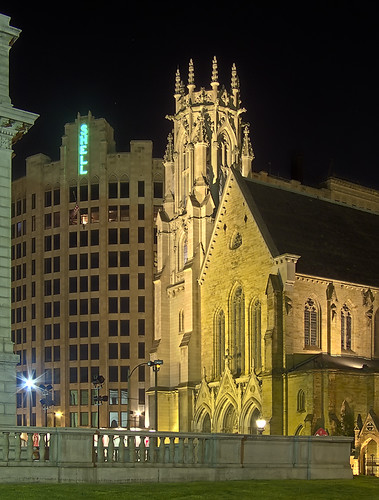 Shell Building and Episcopal Cathedral at night, in Saint Louis, Missouri, USA