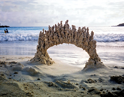beach sand castle. red each sand arc