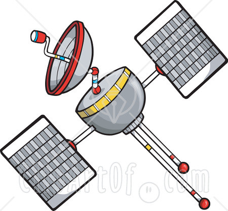 Royalty-free exploration clipart picture of a satellite floating in outer 