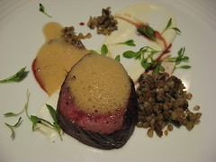 Charlie Trotter's: Millbrook farm venison loin with toasted buckwheat, cumin and sheep's milk ricotta (close up)