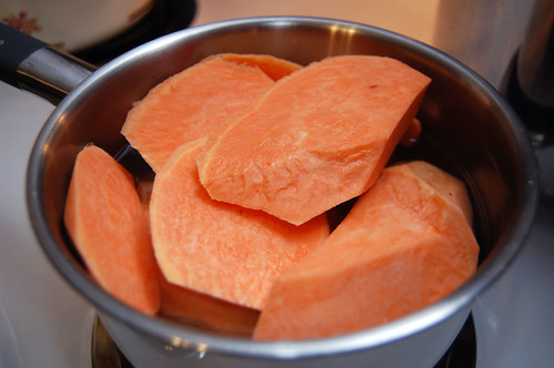 Boiling sweet potatoes in far too small a pot